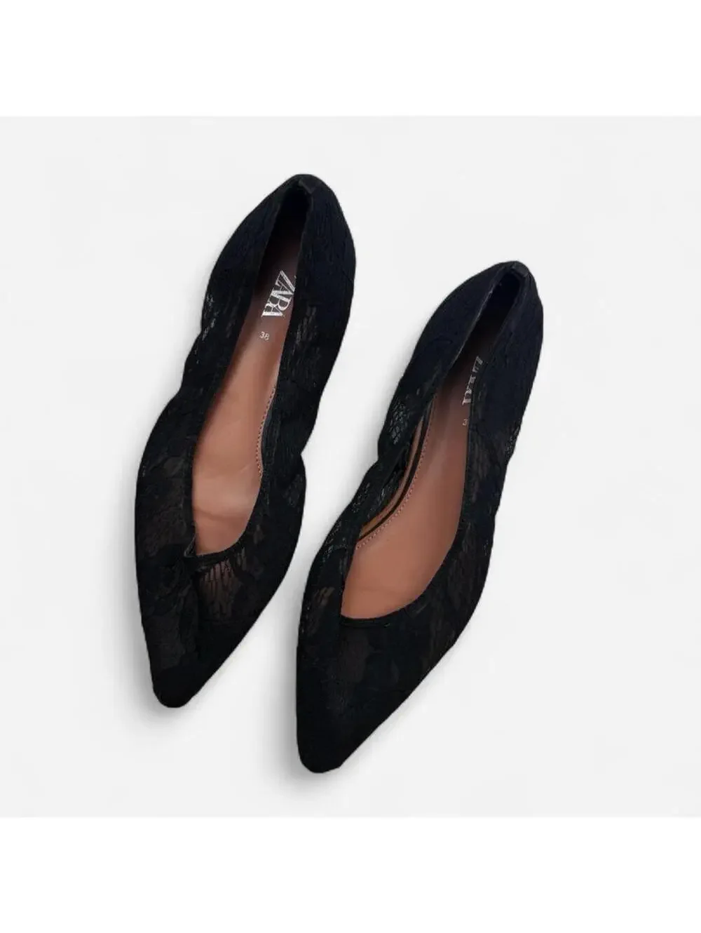 Zara Black Lace Pointed Toe Ballet Flats